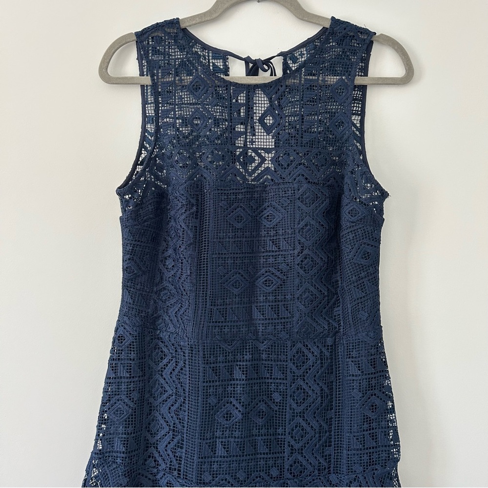 Parker Melissa Navy Blue Geometric Knit Crochet Sleeveless Handkerchief Dress M - Picture 5 of 13